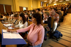Studenten in collegezaal