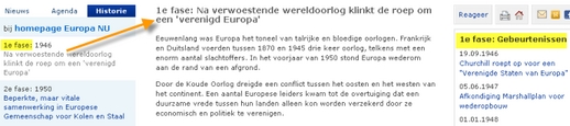 Historie: links fasen; midden tekst; rechts gebeurtenissen