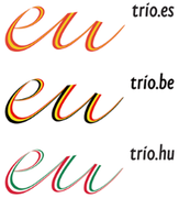 Logo's EU-voorzitterschappen Spanje, België, Hungarije: letters eu in kleuren van de drie vlaggen