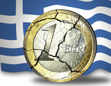 Griekse vlag met gebroken euromunt