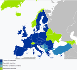 Kaart van de Europese Unie en staten die in de toekomst mogelijk lid worden