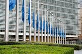 European flags fly at half-mast in front of the Berlaymont