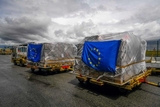 Boxes of medical supplies ready for loading onto the EU Humanitarian Bridge