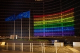 European buildings lit up in the colors of the rainbow flag to mark the International Day Against Homophobia, Transphobia and Biphobia (IDAHOT) 2021